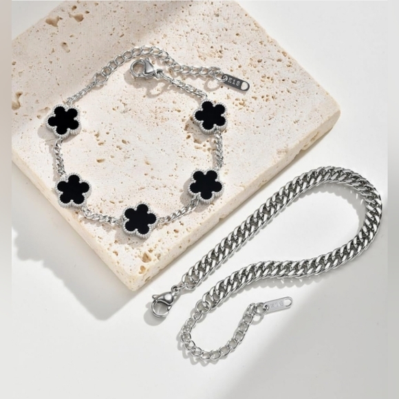 Lux Jewelry - 2pcs Lucky Charm Four Leaf Clover Flower Bracelets Trendy - Stainless Steel